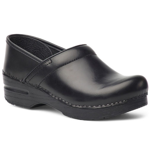 Dansko Professional Clog in Black Cabrio leather with contoured footbed, slip-resistant outsole, and padded instep collar for all-day comfort and support.