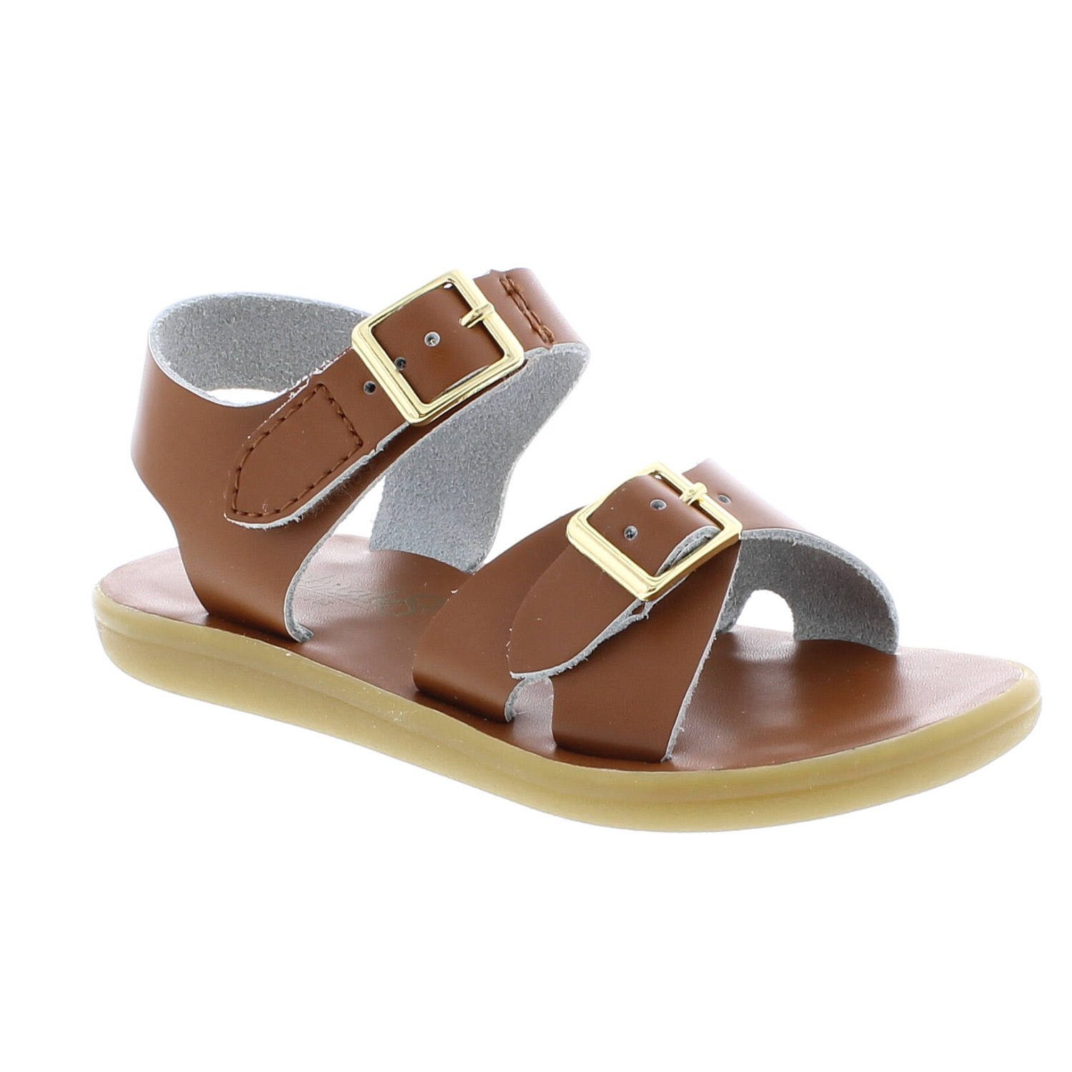 tan flip flops with black straps