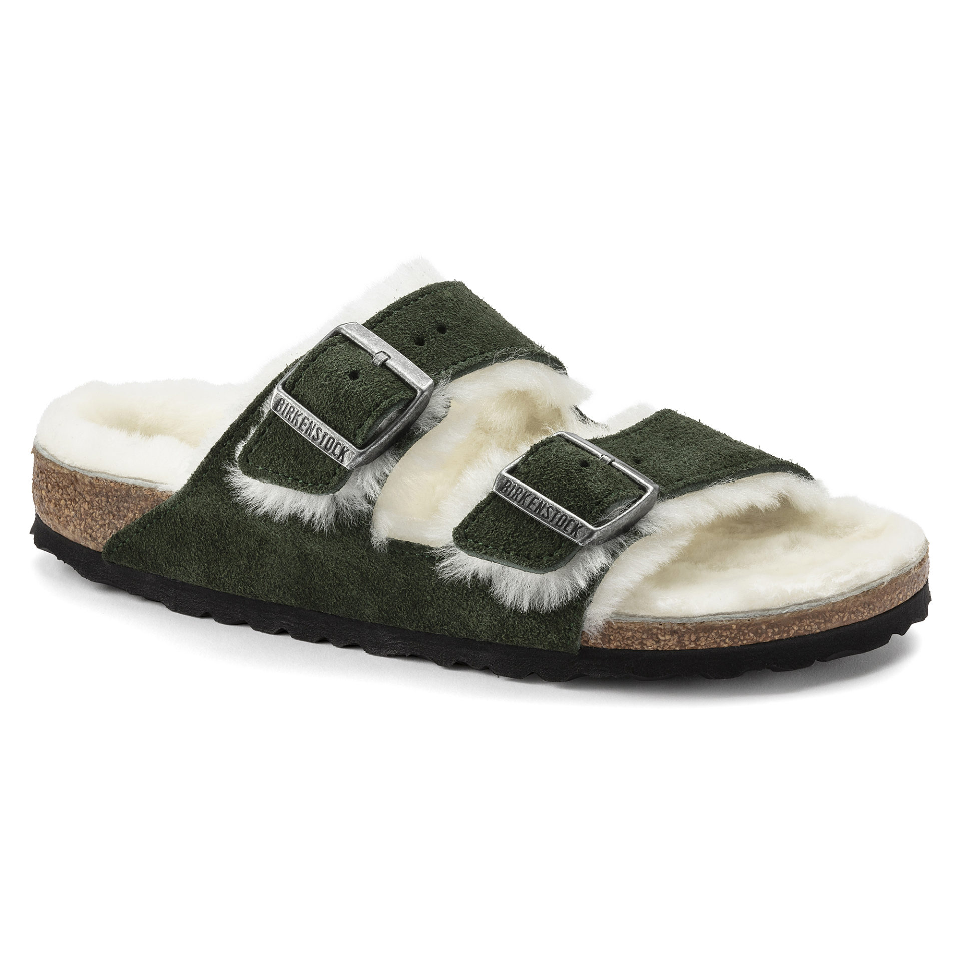 Birkenstock Arizona Shearling Sandal Suede Leather Green | Laurie's Shoes