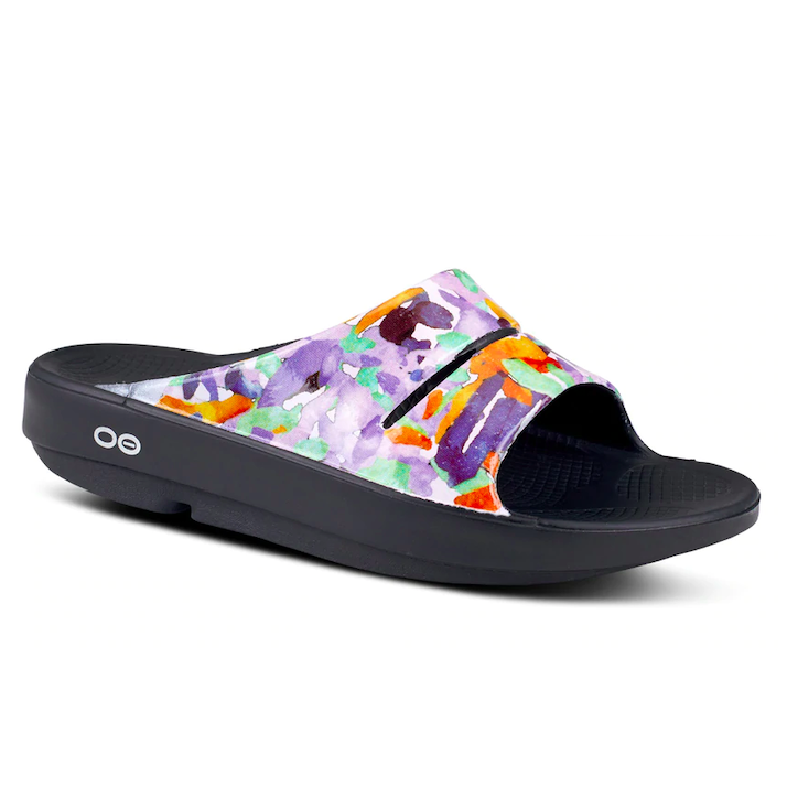 Oofos OOahh Slide Luxe Sandal Purple Watercolor | Laurie's Shoes