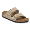 Birkenstock Arizona Sandal with suede leather upper, adjustable straps, contoured cork-latex footbed, and lightweight EVA outsole for comfort and durability.