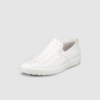 ECCO Women's Soft 7 Woven Leather Slip-On with premium woven leather, cushioned insole, breathable lining, and flexible outsole for stylish all-day comfort.