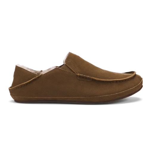 Olukai Men's Moloa Slipper with full-grain leather, plush sheepskin lining, supportive footbed, Drop-In Heel®, and non-marking rubber outsole for indoor-outdoor wear.