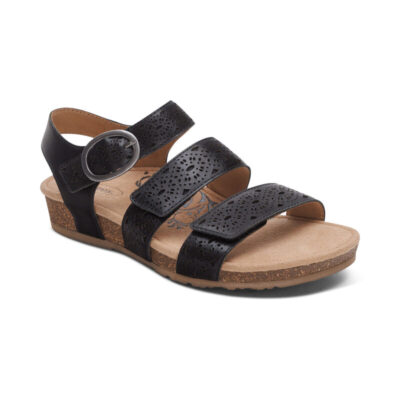 Aetrex Women's Lilly Adjustable Quarter Strap Sandal in black leather with cutout design, hook-and-loop closures, memory foam footbed, and arch support.
