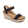 Aetrex Women's Sydney Espadrille Wedge in Black Leather with quarter strap, arch support, memory foam footbed, and rubber outsole for lasting comfort and style.
