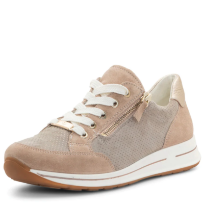 Ara Women's Oleanna Zip Sneaker in sand suede with side zipper, featuring cushioned HighSoft™ technology and a durable rubber outsole for all-day comfort.