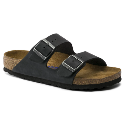 Birkenstock Arizona Soft Footbed Sandal with oiled leather straps, cushioned cork footbed, adjustable metal buckles, and shock-absorbing EVA outsole for comfort.