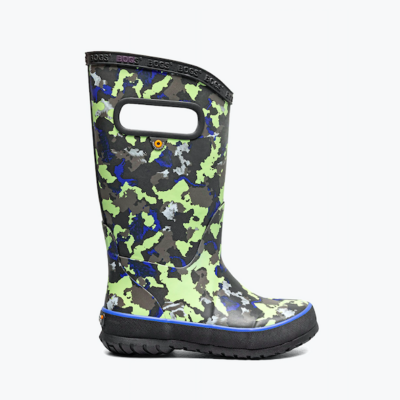 Bogs Kid's Rainboot with waterproof rubber construction, high-traction non-marking outsole, easy on/off design, and soft lined interior for active play.