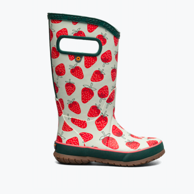 Bogs Kid's Rainboot Strawberries with waterproof rubber construction, high-traction non-marking outsole, easy on/off design, and soft lined interior for active play.