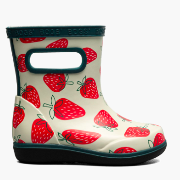 Bogs Kid's Skipper II Strawberries Rainboots featuring waterproof rubber construction, non-slip outsole, and an easy on/off design for active outdoor play.