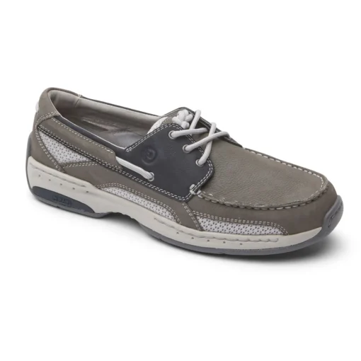 Dunham Men's Captain Boat Shoe in grey and navy nubuck leather, featuring moccasin construction, slip-resistant outsole, and cushioned footbed for all-day comfort.