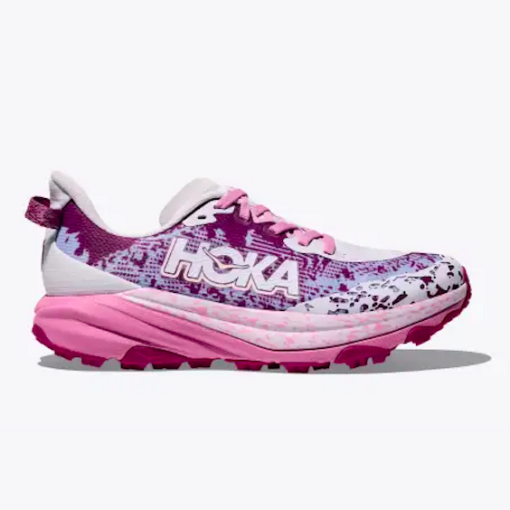 Hoka Kid's Speedgoat 6 trail running shoe in vibrant colors, featuring breathable mesh upper, cushioned EVA midsole, and Vibram® Megagrip outsole for traction.