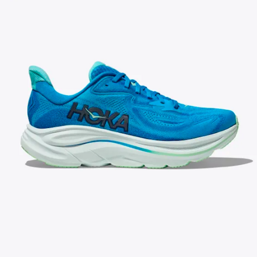 Hoka Men's Clifton 10 lightweight running shoe with breathable mesh upper, plush cushioning, and durable outsole for high-performance comfort.