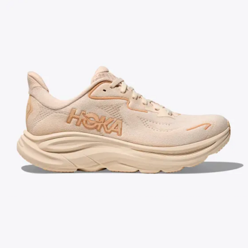 Hoka Women's Clifton 10 lightweight running shoe with breathable mesh upper, cushioned midsole, and durable outsole for all-day performance.