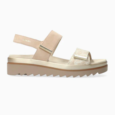 Mephisto Women's Dominica Sandal in light sand with soft leather upper, crisscross straps, cushioned footbed, and adjustable ankle buckle for a secure fit.