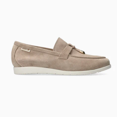 Mephisto Women's Valenza Slip-On in taupe suede leather with Soft-Air footbed, elastic inserts, and durable rubber outsole for comfort and style.