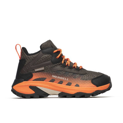 Merrell Big Kid's Moab Speed 2 Mid Waterproof hiking shoe with waterproof membrane, ankle support, durable outsole, and cushioned FloatPro® Foam midsole.