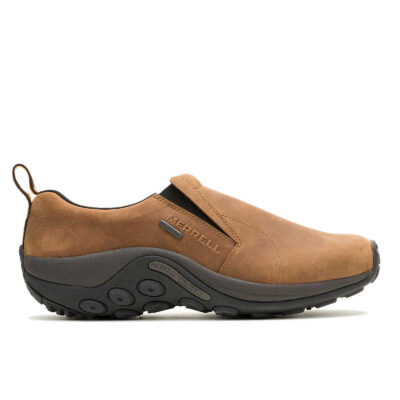 Merrell Men's Jungle Moc Nubuck Waterproof with durable nubuck leather, slip-resistant outsole, and cushioned footbed for all-day comfort.