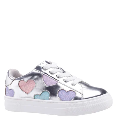 Nina Kid's Esti silver glitter sneaker with cushioned footbed and hook-and-loop strap closure, ideal for casual and dressy occasions