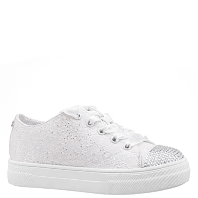 Nina Kid's Monika white slip-on sneaker with elastic laces, perforated design, and cushioned footbed for all-day comfort and style.