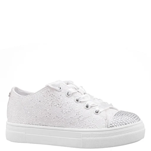 Nina Kid's Monika white slip-on sneaker with elastic laces, perforated design, and cushioned footbed for all-day comfort and style.