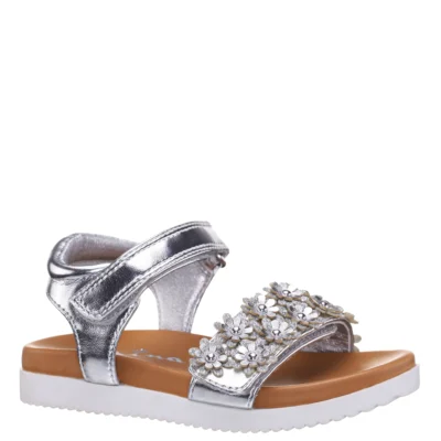 Nina Kid's Neriah silver sandal with glitter accents, cushioned footbed, adjustable ankle strap, and non-slip outsole for stylish comfort.