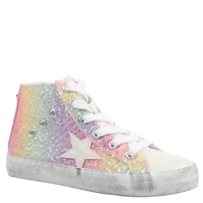 Nina Kid's Taralyn multi-colored high top sneaker with glitter accents, side zipper, cushioned footbed, and durable rubber outsole for stylish comfort.