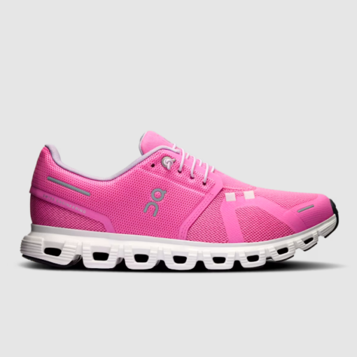 On Women's Cloud 6 sneaker with CloudTec® cushioning, breathable mesh upper, quick-tie elastic laces, and a high-traction rubber outsole for all-day comfort.