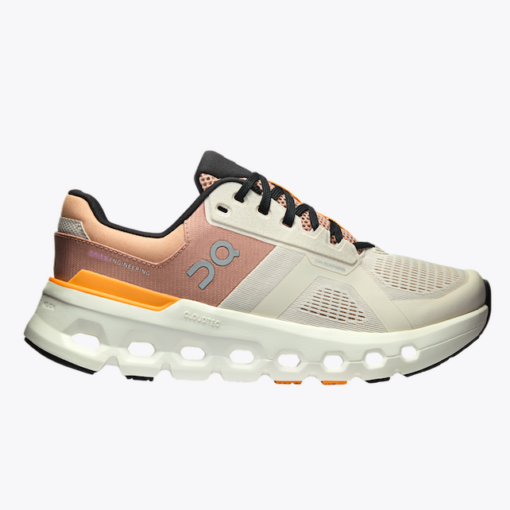 On Women's Cloudrunner 2 in White/Sand with breathable mesh upper, CloudTec® cushioning, Helion™ superfoam midsole, and durable rubber outsole for optimal support.
