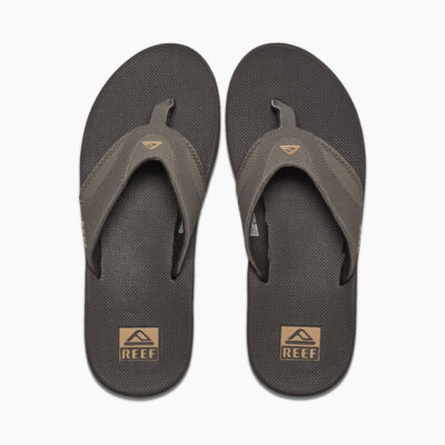 Reef Men’s Fanning Sandal with cushioned arch support, a bottle opener in the outsole, a soft synthetic nubuck upper, and a durable rubber sole for traction.