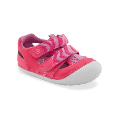 Stride Rite Kid's Soft Motion Gaia Sneaker Sandal in grey, featuring breathable design, memory foam insole, Soft Motion™ flexibility, and secure hook-and-loop closure.