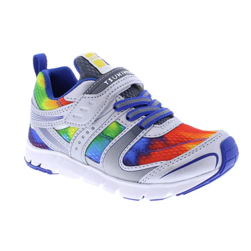 Tsukihoshi Youth Velocity sneaker with lightweight shock-absorbing sole, breathable mesh upper, wide toe box, Velcro closure, and non-marking rubber outsole.
