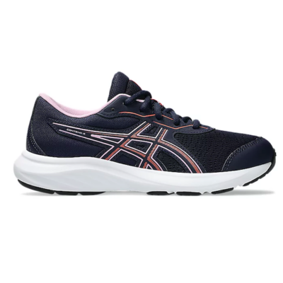 ASICS Kid’s Contend 9 GS sneaker with breathable mesh upper, Amplifoam™ cushioning, durable rubber outsole, and reinforced overlays for support.