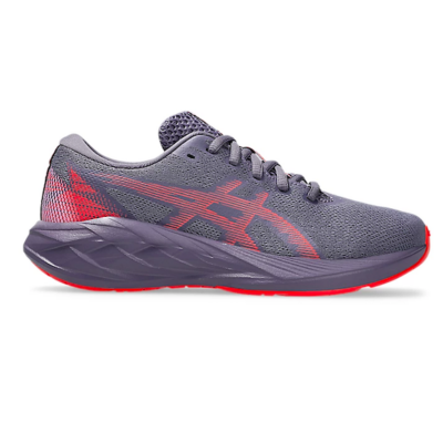 ASICS Kid's Novablast 5 GS sneaker with breathable mesh upper, FF BLAST™ cushioning, AHAR® rubber outsole, and padded collar for all-day comfort.