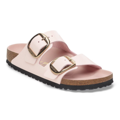 Birkenstock Arizona Big Buckle Sandal with shiny patent leather, large metal buckles, and a supportive cork-latex footbed.