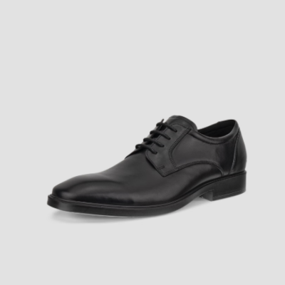 ECCO Men's Metropole Milan Derby in polished black leather with sleek silhouette, FLUIDFORM™ sole, and classic lace-up design for formal wear comfort.