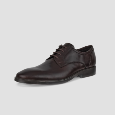 ECCO Men's Metropole Milan Derby in polished black leather with sleek silhouette, FLUIDFORM™ sole, and classic lace-up design for formal wear comfort.