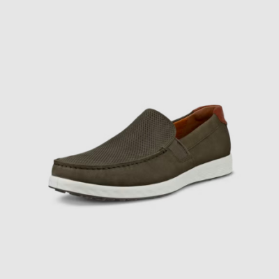 ECCO Men's S Lite Moc in soft nubuck leather with hand-stitched details, lightweight sole, and modern slip-on design for casual comfort and style.