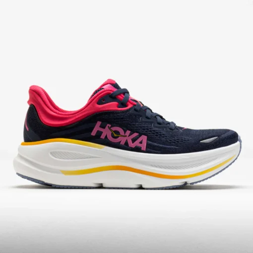 Hoka Women's Bondi 9 running shoe featuring a lightweight breathable mesh upper, EVA midsole, and durable rubber outsole for all-day comfort and support.