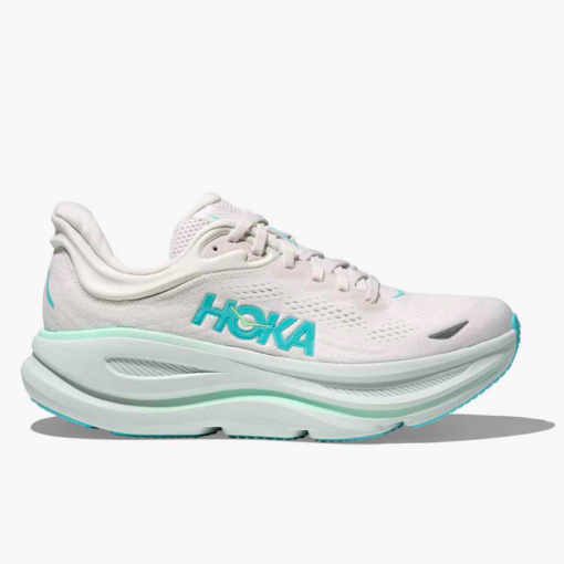 Hoka Women's Bondi 9 running shoe featuring a lightweight breathable mesh upper, EVA midsole, and durable rubber outsole for all-day comfort and support.