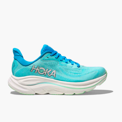 Hoka Women's Clifton 10 lightweight running shoe with breathable mesh upper, cushioned midsole, and durable outsole for all-day performance.