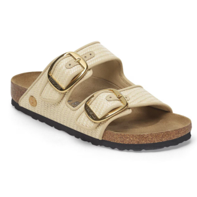 Birkenstock Arizona Big Buckle sandal featuring raffia-inspired textile straps with oversized metal buckles, contoured cork-latex footbed and EVA outsole.